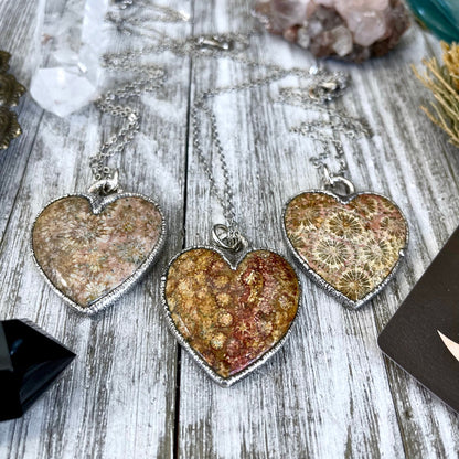 Big Fossilized Coral Heart Necklace in Fine Silver  / Foxlark Collection - One of a Kind.