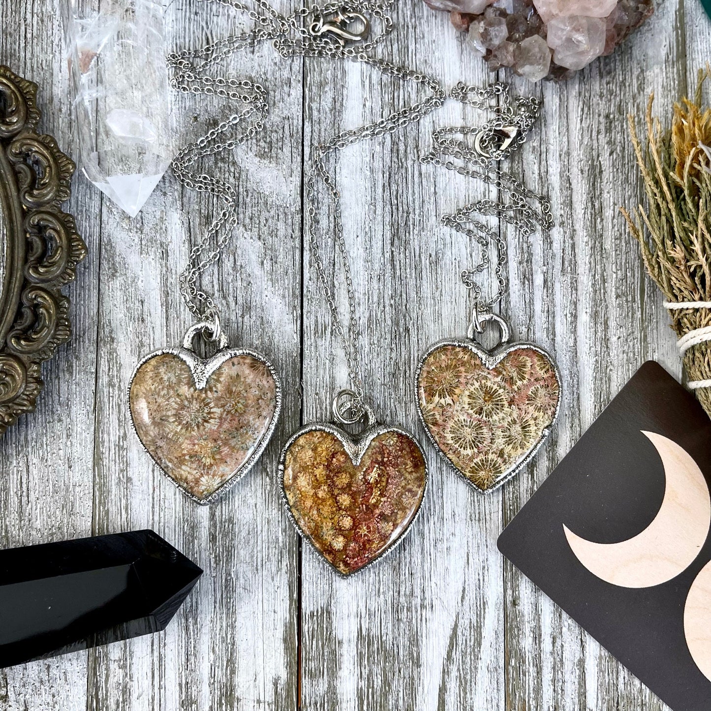 Big Fossilized Coral Heart Necklace in Fine Silver  / Foxlark Collection - One of a Kind.