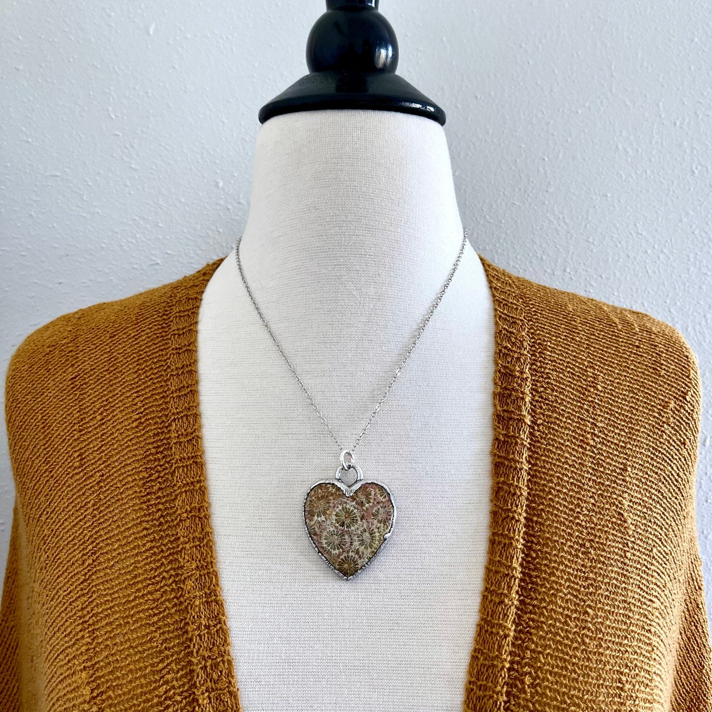 Big Fossilized Coral Heart Necklace in Fine Silver  / Foxlark Collection - One of a Kind.