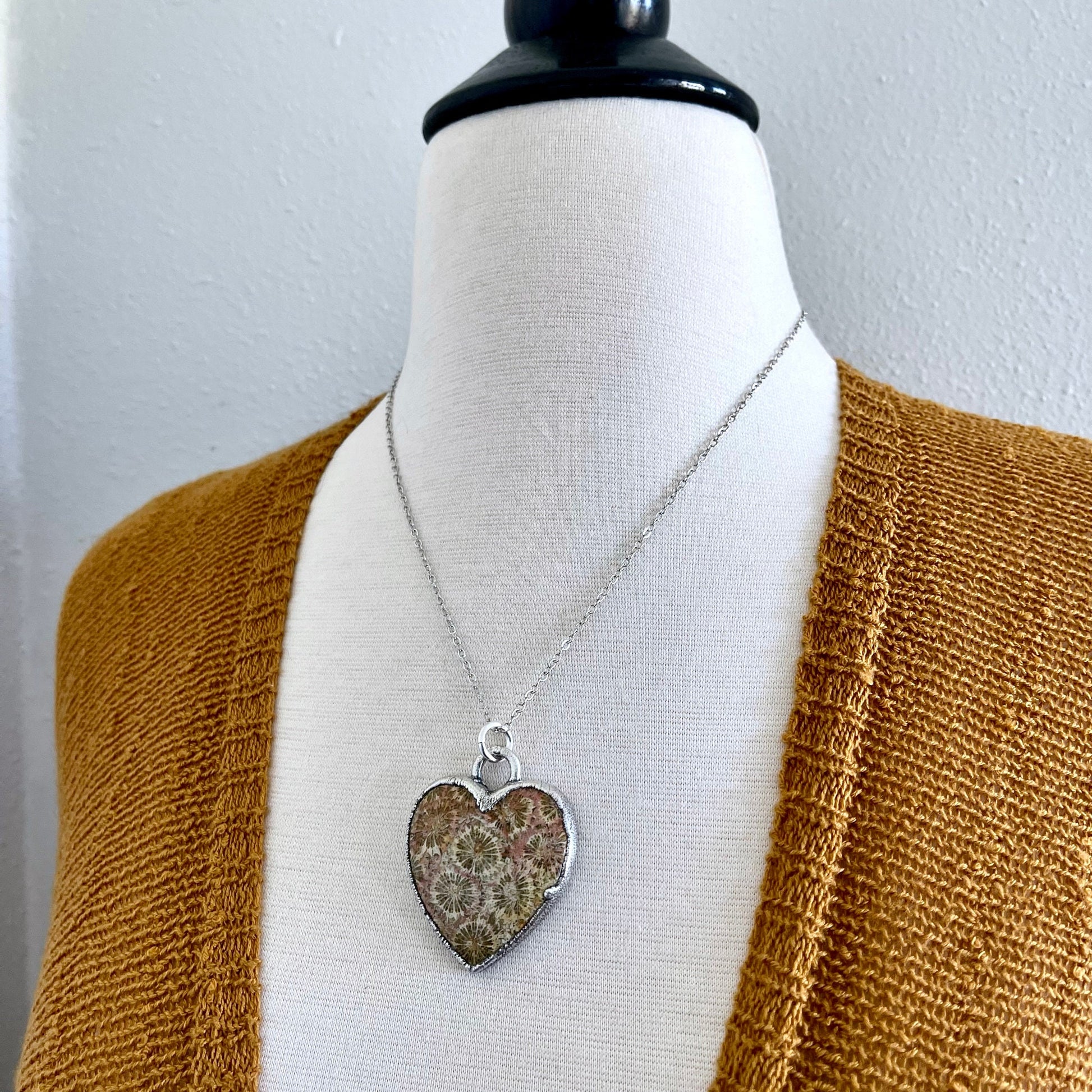 Big Fossilized Coral Heart Necklace in Fine Silver  / Foxlark Collection - One of a Kind.