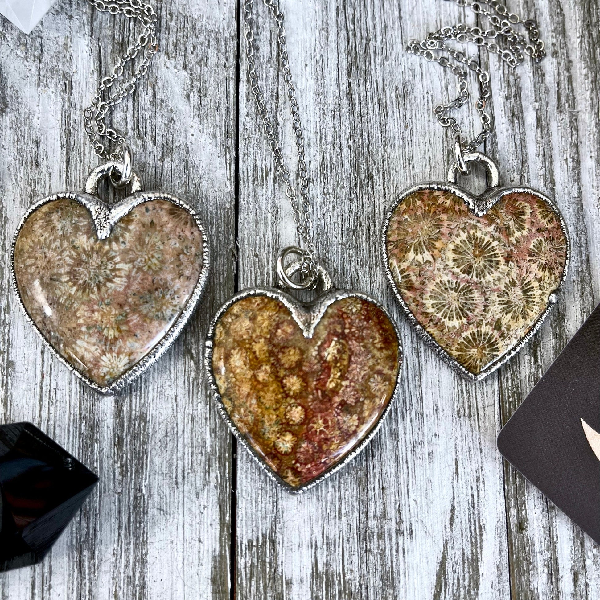 Big Fossilized Coral Heart Necklace in Fine Silver  / Foxlark Collection - One of a Kind.