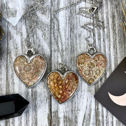 Big Fossilized Coral Heart Necklace in Fine Silver  / Foxlark Collection - One of a Kind.
