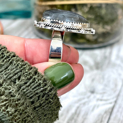 Labradorite Heart Crystal Statement Ring in Sterling Silver 925 - Adjustable to Size 6 7 8 9 - Designed by FOXLARK Collection.