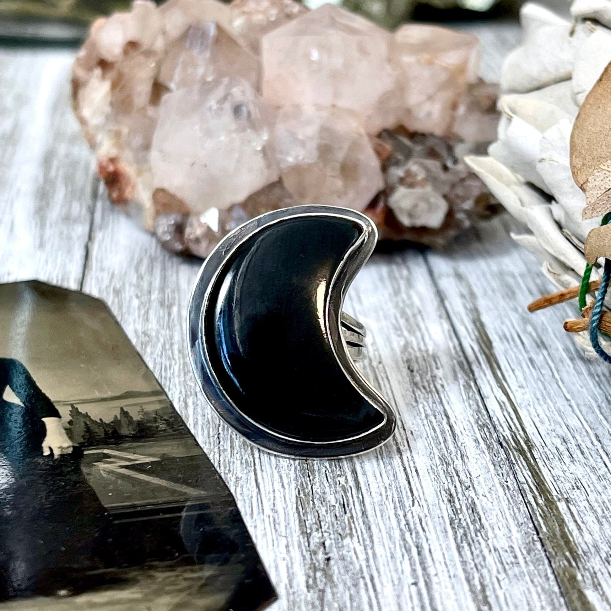 Crescent Moon Black Onyx Crystal Statement Ring in Sterling Silver- Designed by FOXLARK Collection Size 5 6 7 8 9 10 11 / Gothic Jewelry.