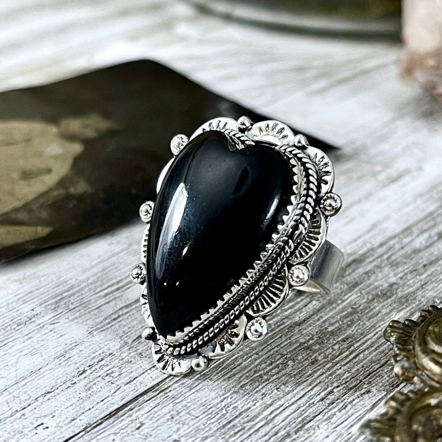 Black Onyx Heart Crystal Statement Ring in Sterling Silver- Designed by FOXLARK Collection Adjusts to size 6,7,8,9, or 10 / Gothic Jewelry.