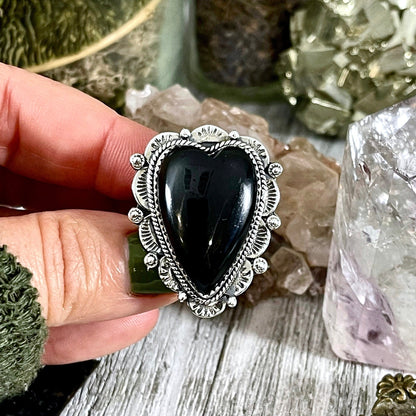 Black Onyx Heart Crystal Statement Ring in Sterling Silver- Designed by FOXLARK Collection Adjusts to size 6,7,8,9, or 10 / Gothic Jewelry.