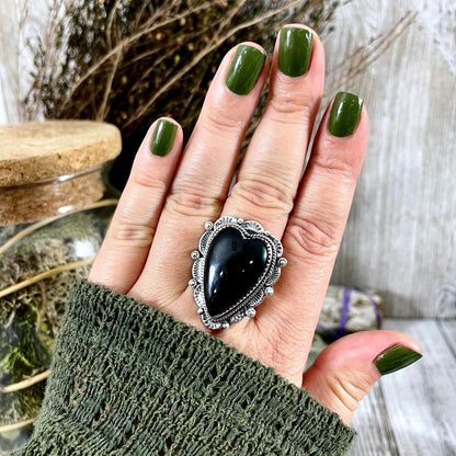 Black Onyx Heart Crystal Statement Ring in Sterling Silver- Designed by FOXLARK Collection Adjusts to size 6,7,8,9, or 10 / Gothic Jewelry.