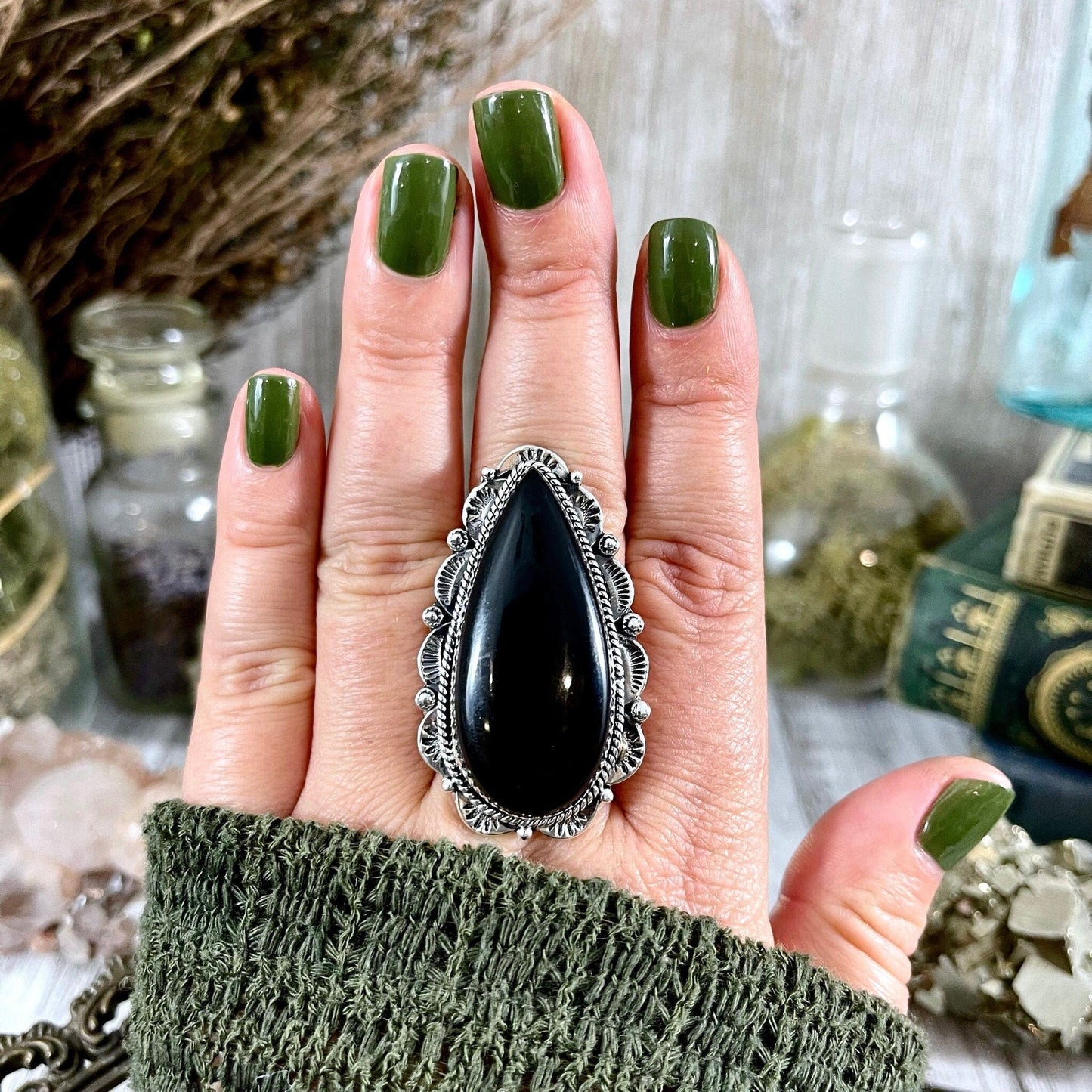 Black Onyx Teardrop Crystal Statement Ring in Sterling Silver- Designed by FOXLARK Collection Adjusts to size 6,7,8,9, or 10.