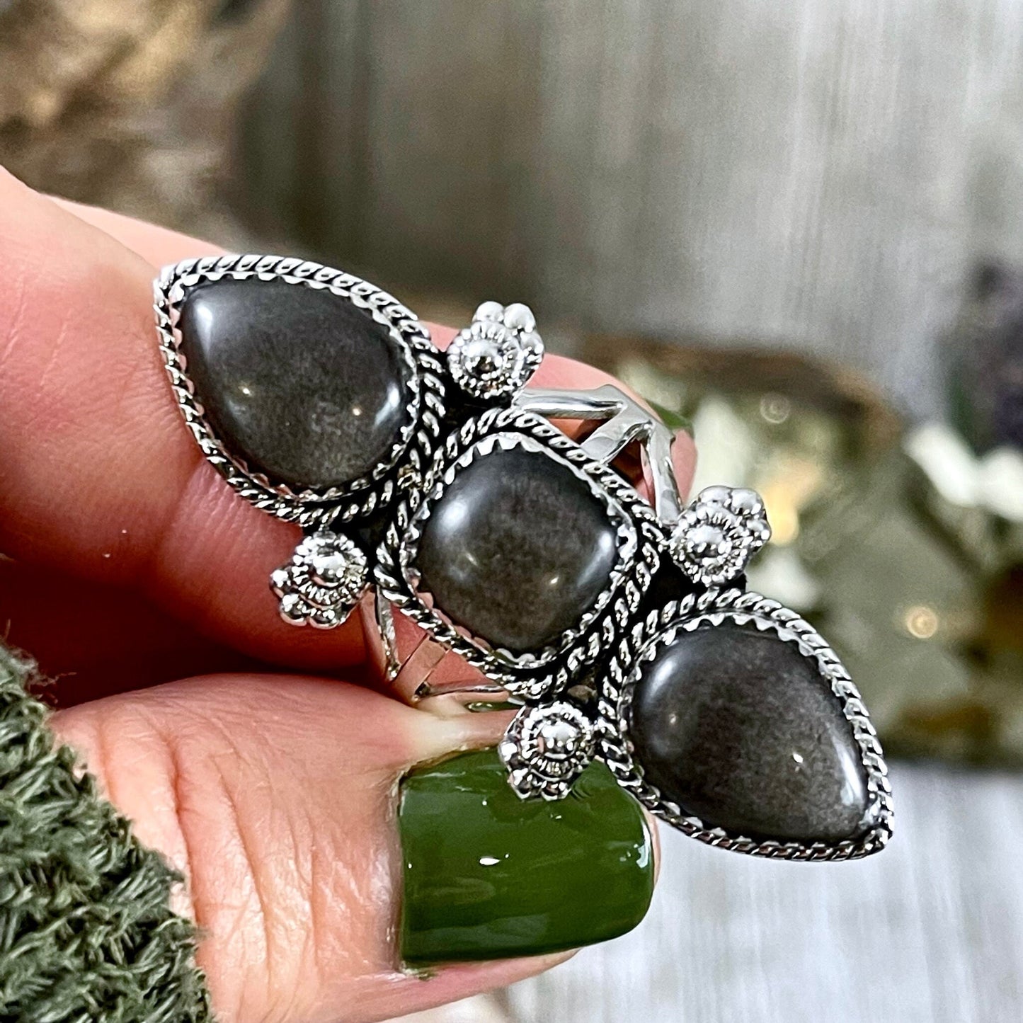 Triple Stone Silver Sheen Obsidian Ring in Solid Sterling Silver- Designed by FOXLARK Collection Size 5 6 7 8 9 10 11 / Gothic Jewelry.