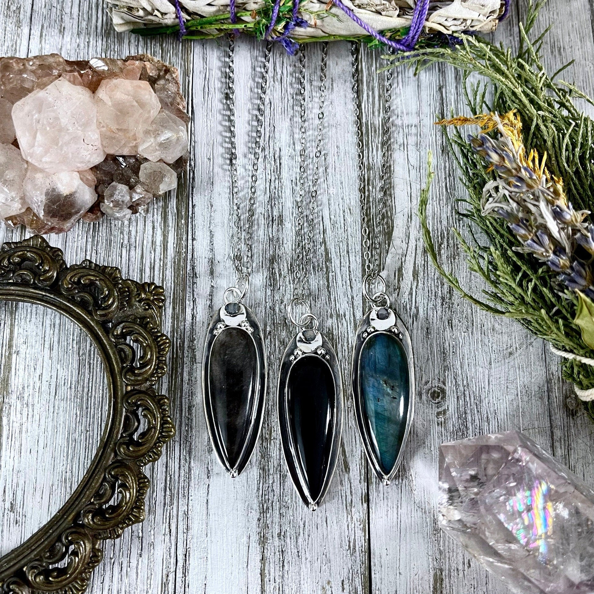 Magic Moon Crystal Necklace in Sterling Silver- Silver Sheen Obsidian, Black Onyx or Labradorite -Designed by FOXLARK Collection.