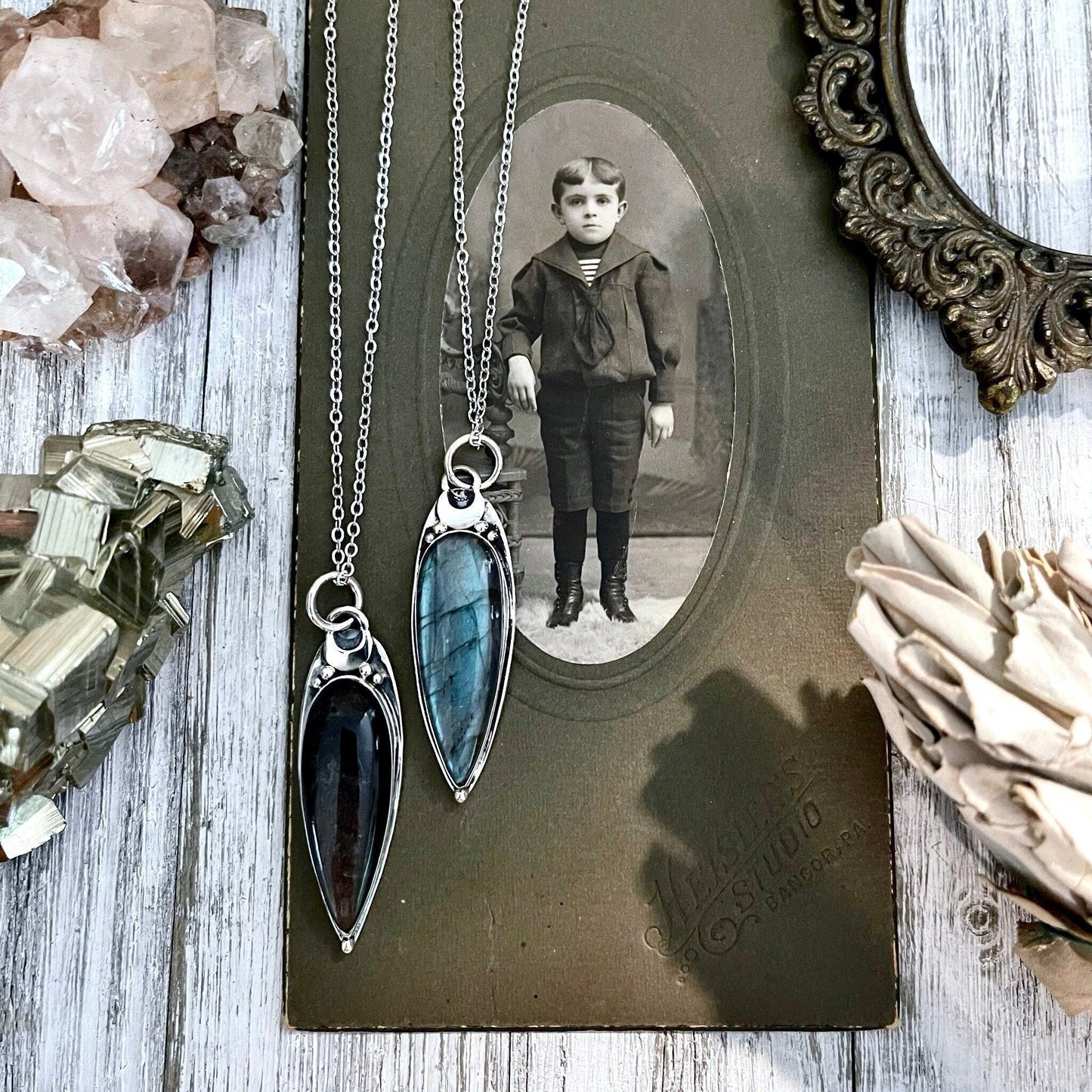 Magic Moon Crystal Necklace in Sterling Silver- Silver Sheen Obsidian, Black Onyx or Labradorite -Designed by FOXLARK Collection.