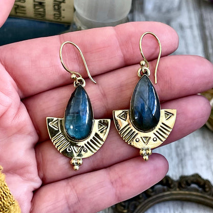 Etched Brass and Labradorite Shield Earrings.