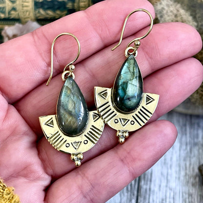 Etched Brass and Labradorite Shield Earrings.