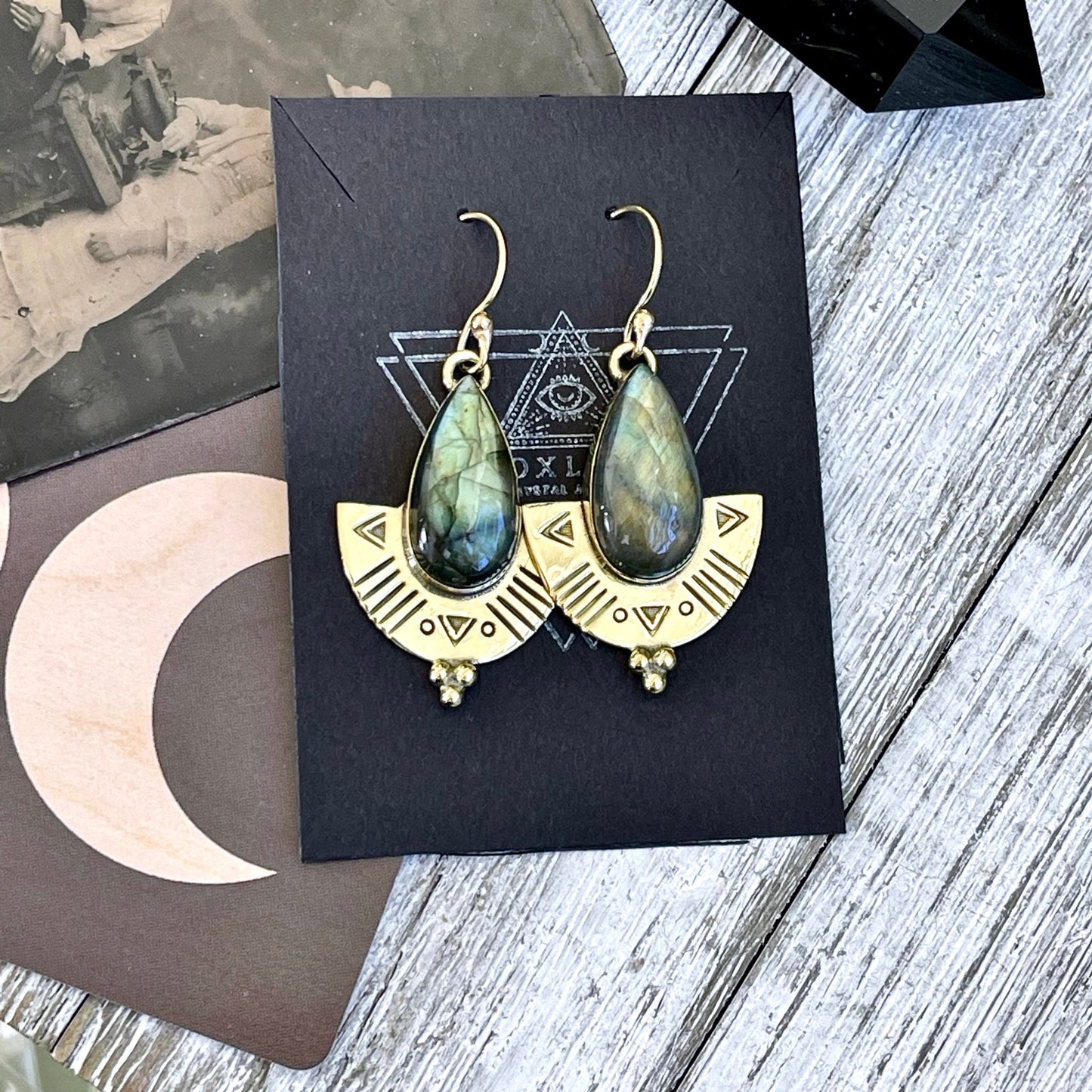 Etched Brass and Labradorite Shield Earrings.