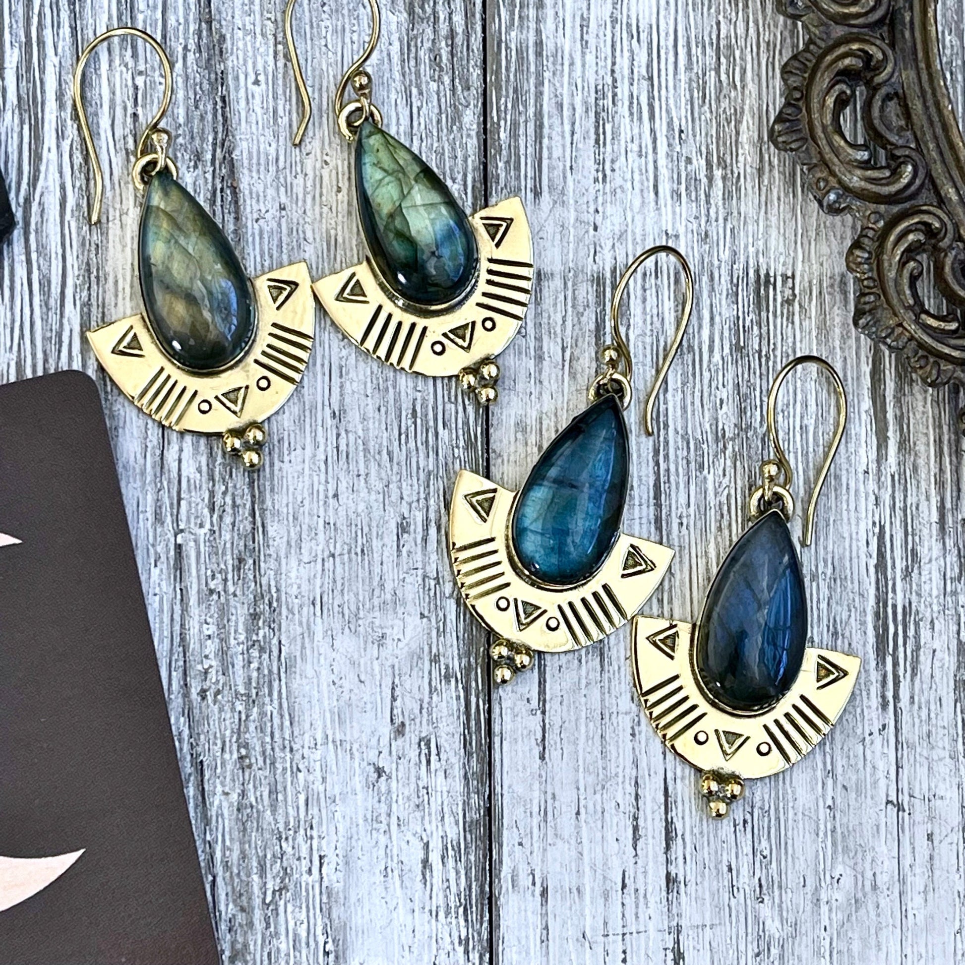 Etched Brass and Labradorite Shield Earrings.