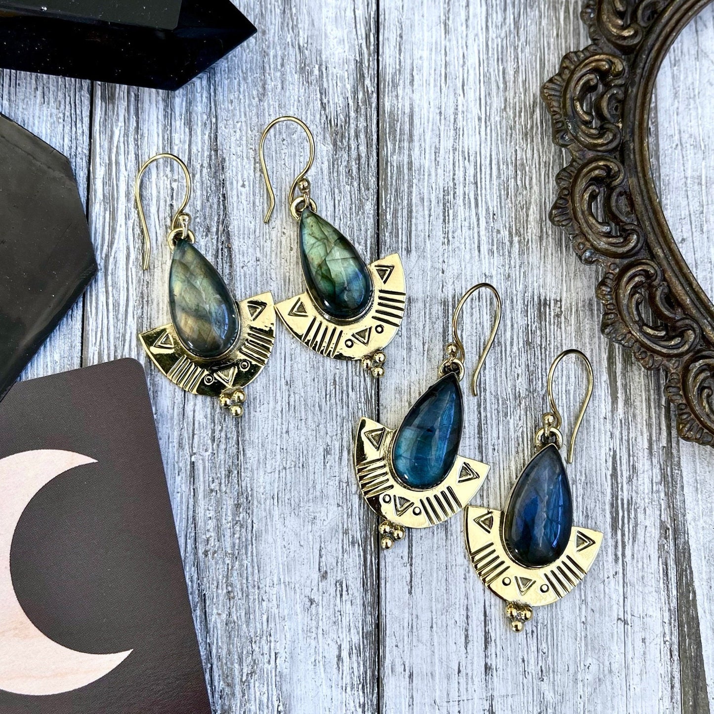 Etched Brass and Labradorite Shield Earrings.