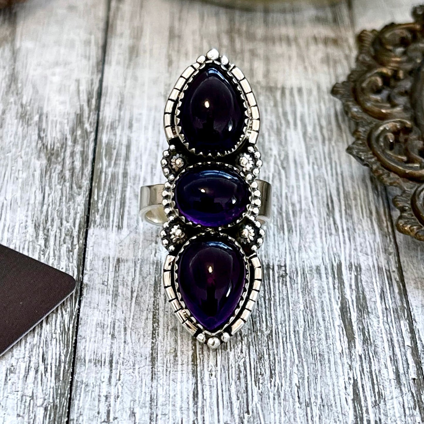 3 Stone Ring, Adjustable Ring, Amethyst Ring, Big Crystal Ring, Big Stone Ring, Bohemian Ring, Boho Jewelry, Boho Ring, Etsy ID: 1333720027, Festival Jewelry, Foxlark- Rings, Gift For Woman, Jewelry, Purple Amethyst, Rings, Statement Rings, Three Stone, W