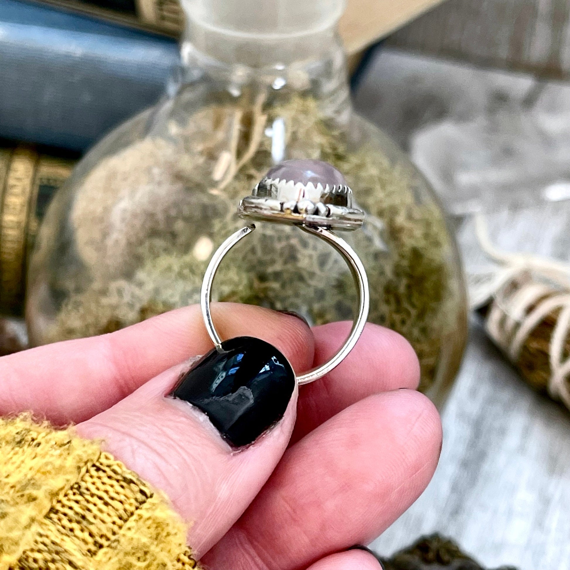 Three Stone Pink Rose Quartz Crystal Ring in Solid Sterling Silver- Designed by FOXLARK Collection Adjustable to Size 6 7 8 9.