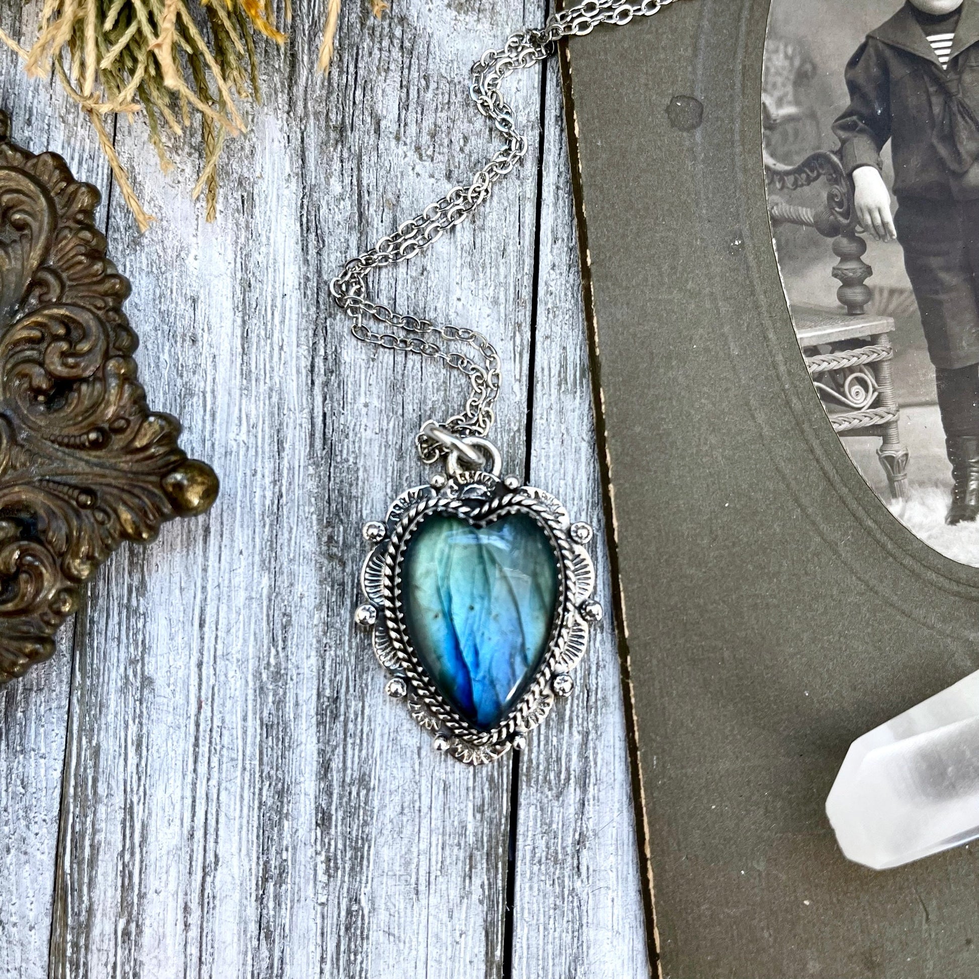 Blue Labradorite Crystal Heart Necklace in Sterling Silver  -Designed by FOXLARK Collection.