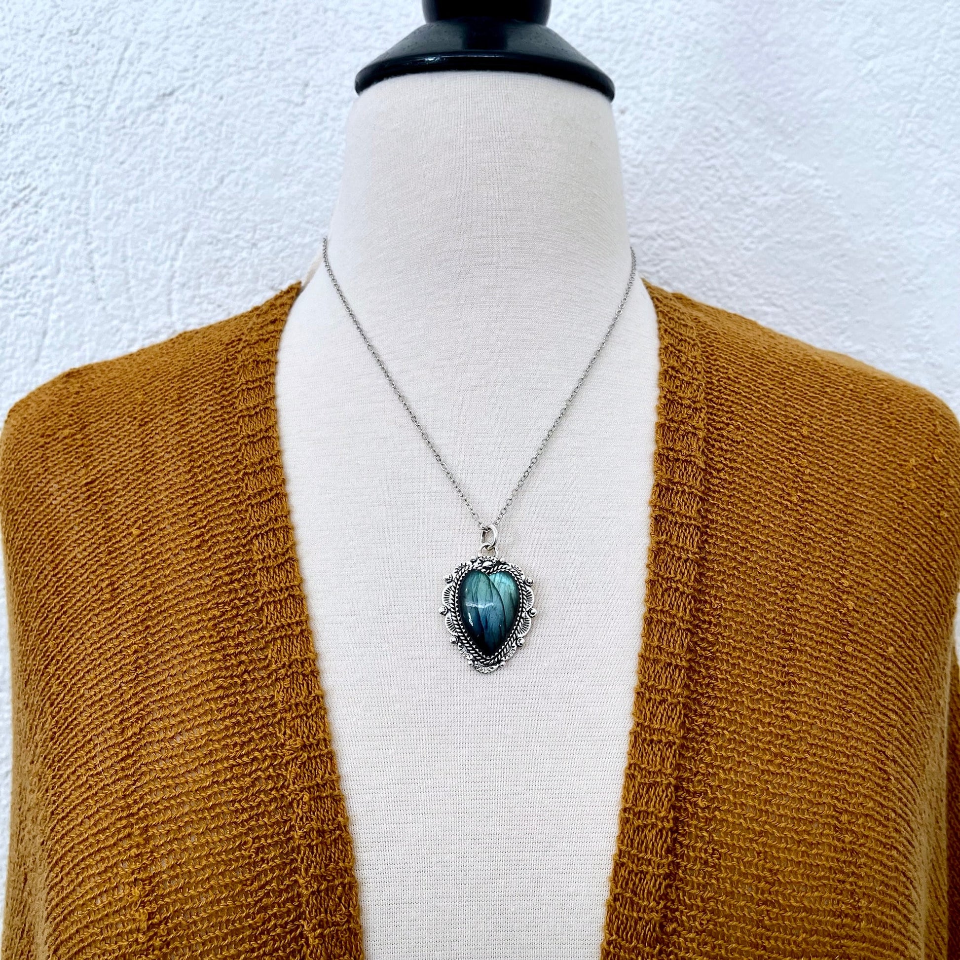 Blue Labradorite Crystal Heart Necklace in Sterling Silver  -Designed by FOXLARK Collection.