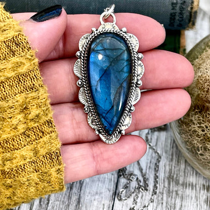 Blue Labradorite Crystal Teardrop Necklace in Sterling Silver  -Designed by FOXLARK Collection / Witchy Necklace Goth Jewelry.