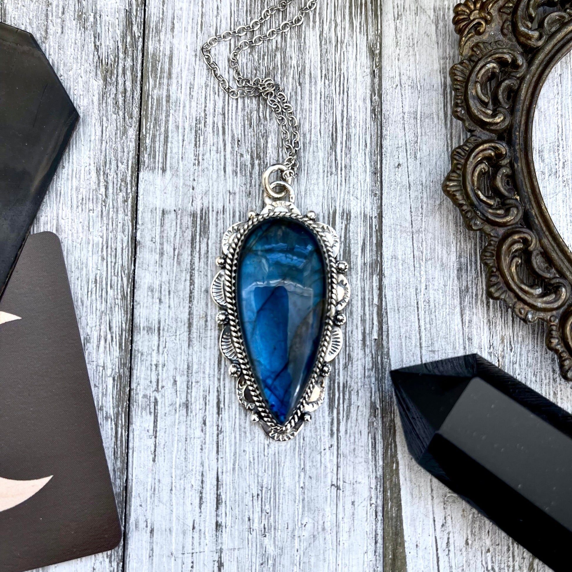 Blue Labradorite Crystal Teardrop Necklace in Sterling Silver  -Designed by FOXLARK Collection / Witchy Necklace Goth Jewelry.