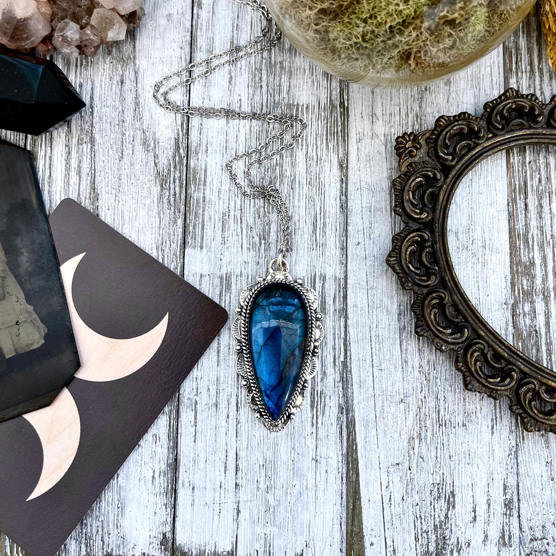 Blue Labradorite Crystal Teardrop Necklace in Sterling Silver  -Designed by FOXLARK Collection / Witchy Necklace Goth Jewelry.