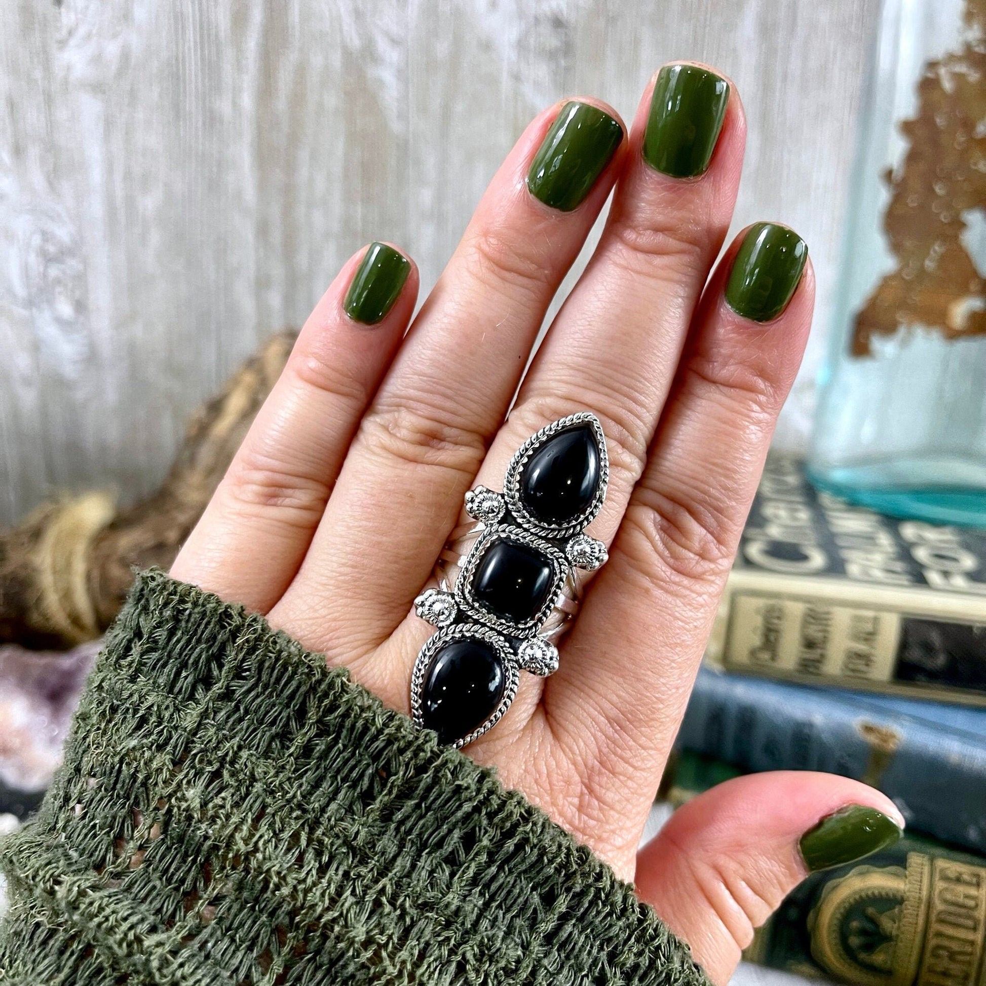 Triple Stone Black Onyx Ring in Solid Sterling Silver- Designed by FOXLARK Collection Size 5 6 7 8 9 10 11 / Big Crystal Ring Witchy Jewelry.