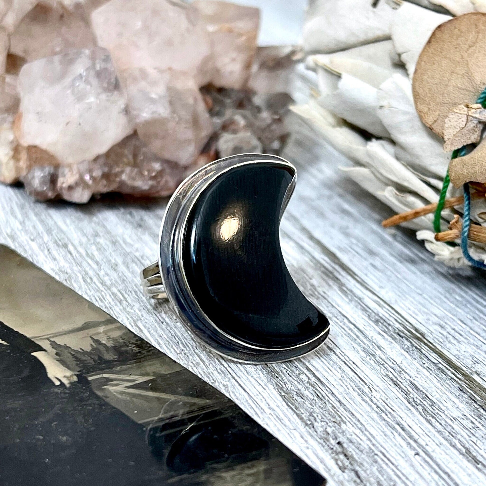 Crescent Moon Black Onyx Crystal Statement Ring in Sterling Silver- Designed by FOXLARK Collection Size 5 6 7 8 9 10 11 / Gothic Jewelry.