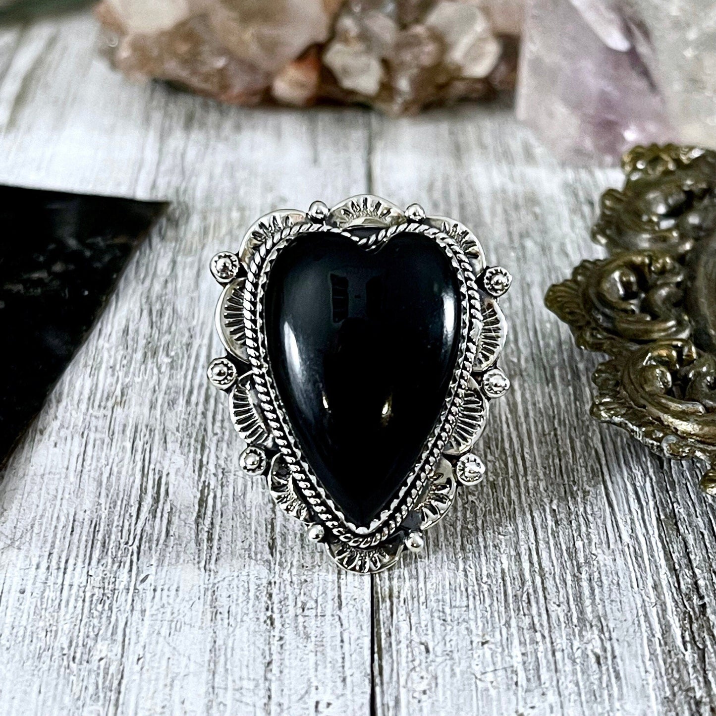 Black Onyx Heart Crystal Statement Ring in Sterling Silver- Designed by FOXLARK Collection Adjusts to size 6,7,8,9, or 10 / Gothic Jewelry.