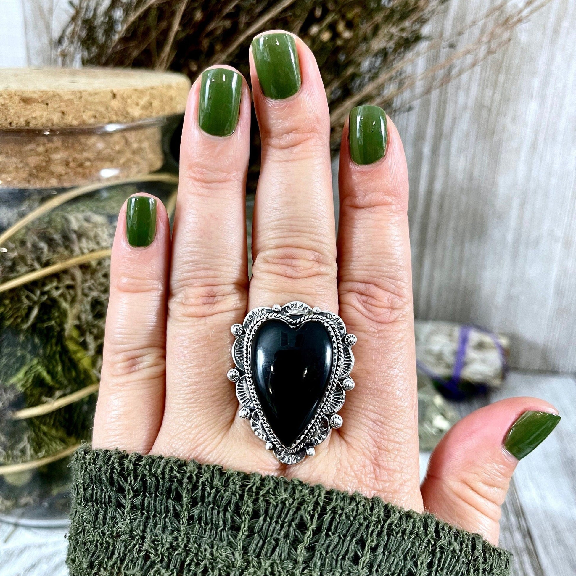 Black Onyx Heart Crystal Statement Ring in Sterling Silver- Designed by FOXLARK Collection Adjusts to size 6,7,8,9, or 10 / Gothic Jewelry.