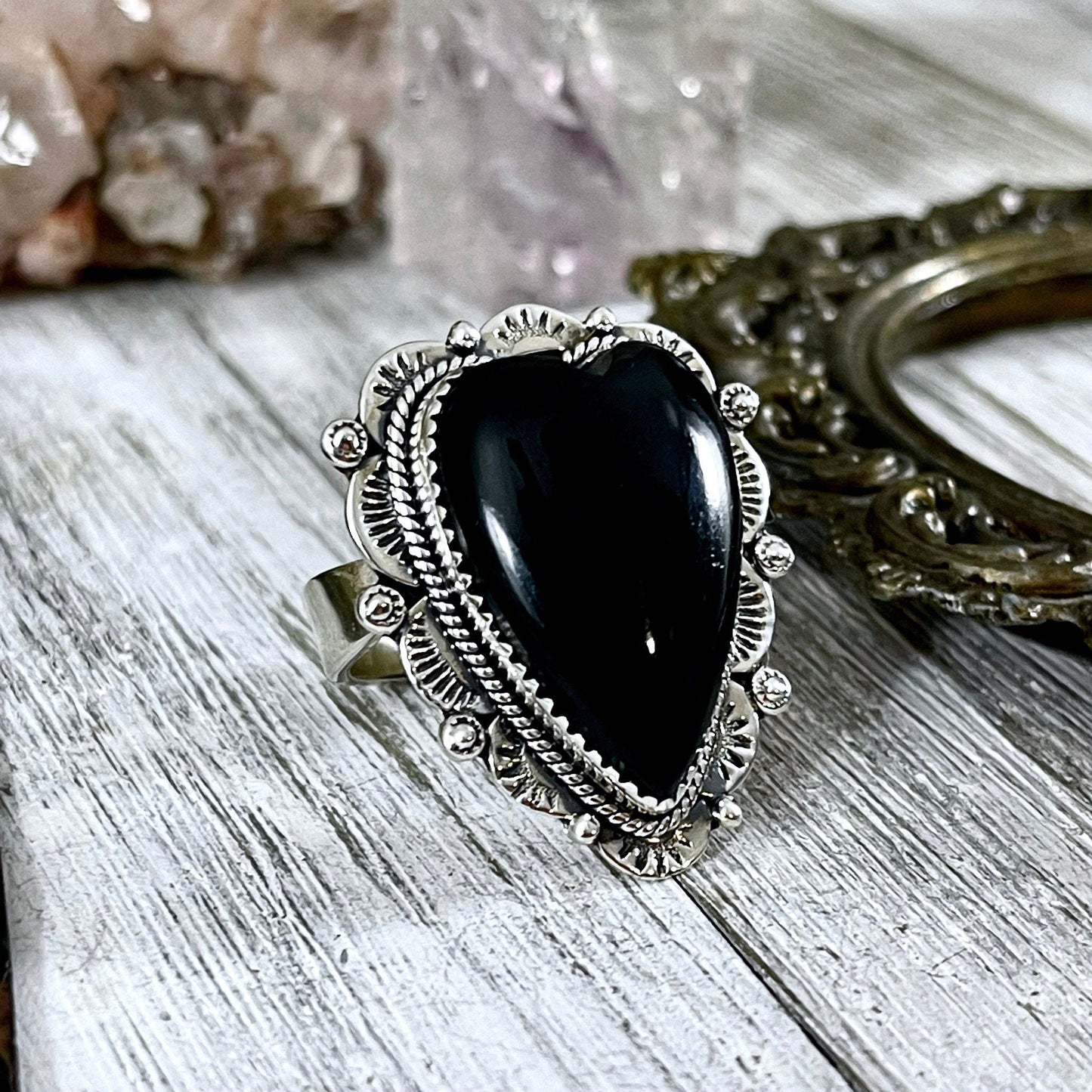 Black Onyx Heart Crystal Statement Ring in Sterling Silver- Designed by FOXLARK Collection Adjusts to size 6,7,8,9, or 10 / Gothic Jewelry.