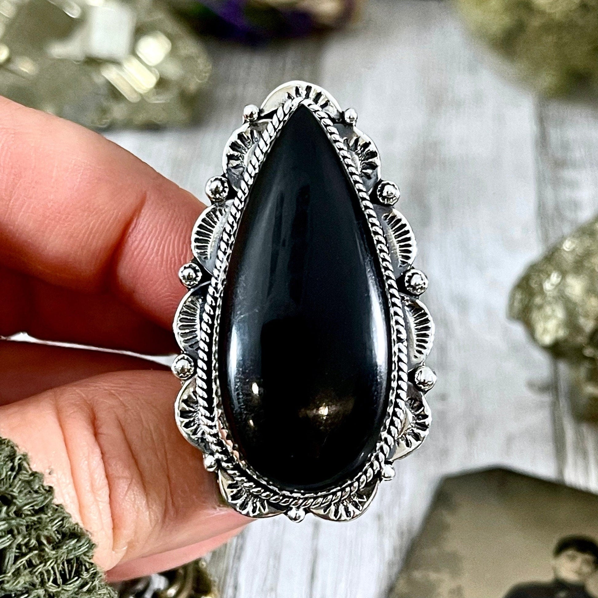 Black Onyx Teardrop Crystal Statement Ring in Sterling Silver- Designed by FOXLARK Collection Adjusts to size 6,7,8,9, or 10.