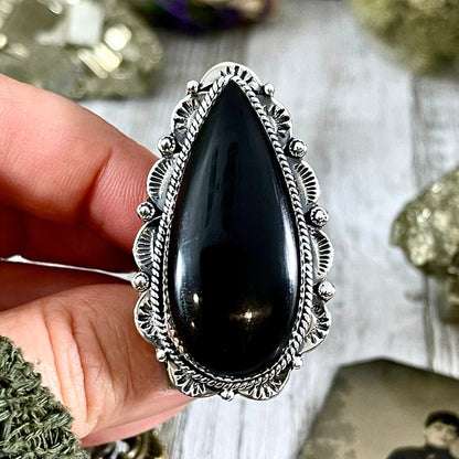 Black Onyx Teardrop Crystal Statement Ring in Sterling Silver- Designed by FOXLARK Collection Adjusts to size 6,7,8,9, or 10.