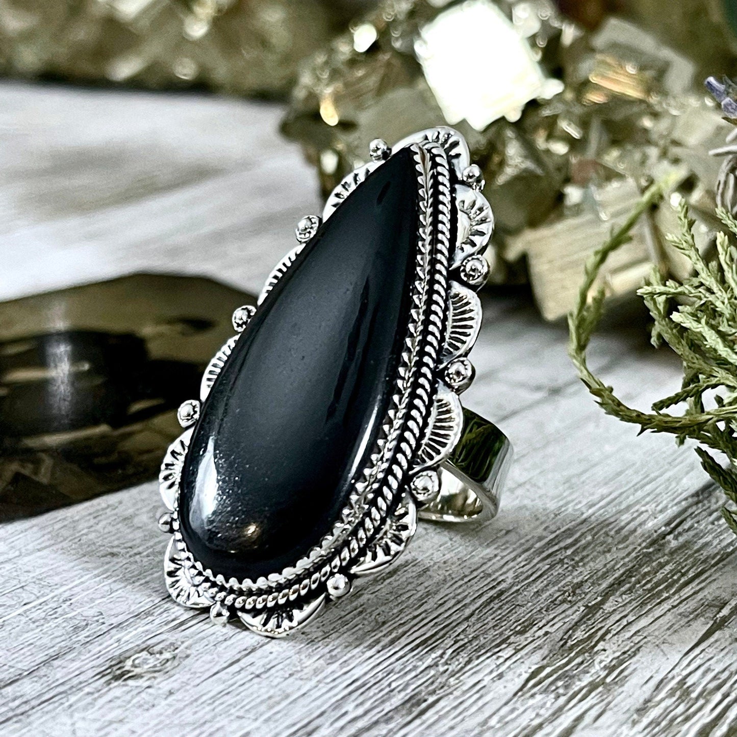 Black Onyx Teardrop Crystal Statement Ring in Sterling Silver- Designed by FOXLARK Collection Adjusts to size 6,7,8,9, or 10.