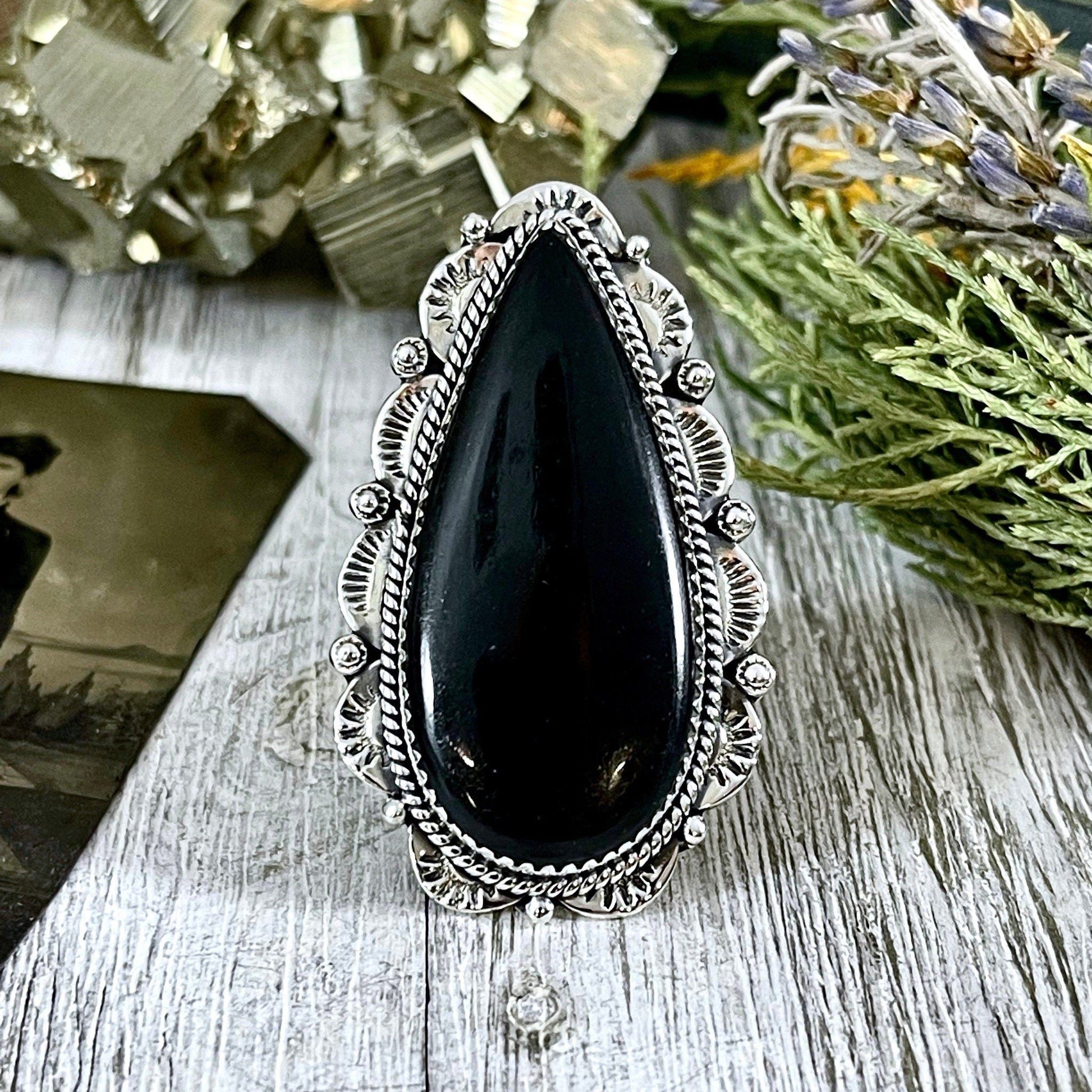 Black Onyx Teardrop Crystal Statement Ring in Sterling Silver- Designed by FOXLARK Collection Adjusts to size 6,7,8,9, or 10.