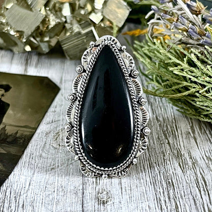 Black Onyx Teardrop Crystal Statement Ring in Sterling Silver- Designed by FOXLARK Collection Adjusts to size 6,7,8,9, or 10.