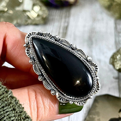 Black Onyx Teardrop Crystal Statement Ring in Sterling Silver- Designed by FOXLARK Collection Adjusts to size 6,7,8,9, or 10.