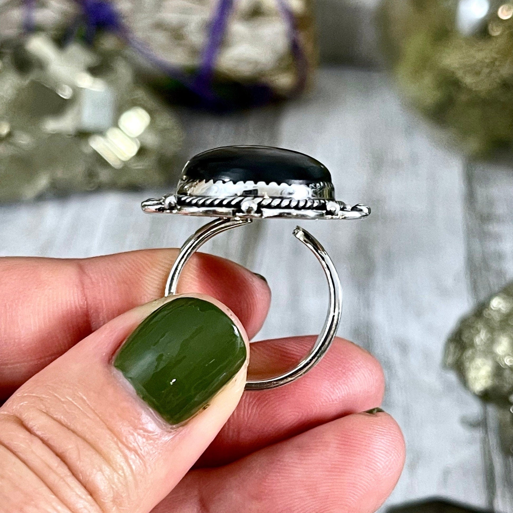 Black Onyx Teardrop Crystal Statement Ring in Sterling Silver- Designed by FOXLARK Collection Adjusts to size 6,7,8,9, or 10.