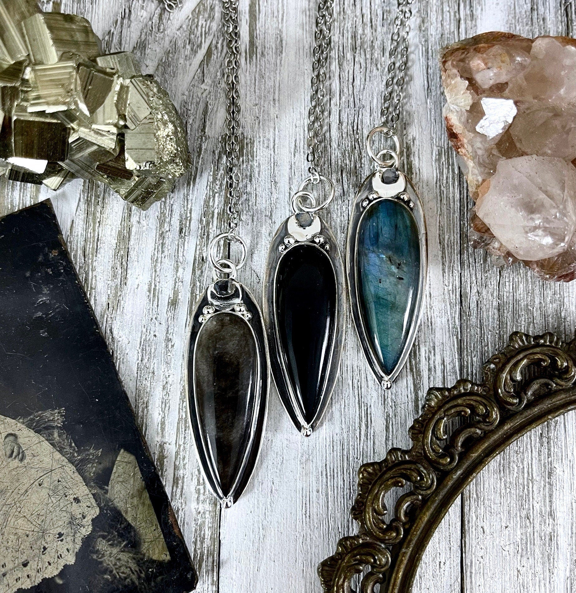 Magic Moon Crystal Necklace in Sterling Silver- Silver Sheen Obsidian, Black Onyx or Labradorite -Designed by FOXLARK Collection.