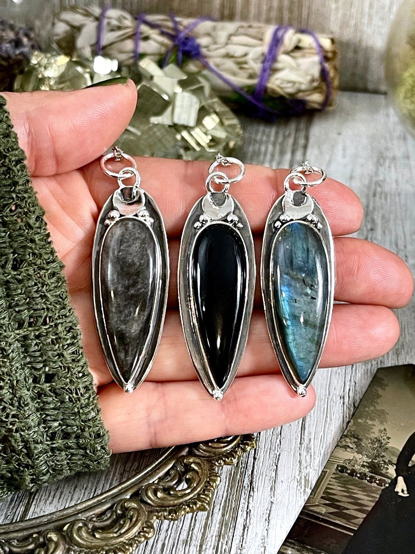 Magic Moon Crystal Necklace in Sterling Silver- Silver Sheen Obsidian, Black Onyx or Labradorite -Designed by FOXLARK Collection.