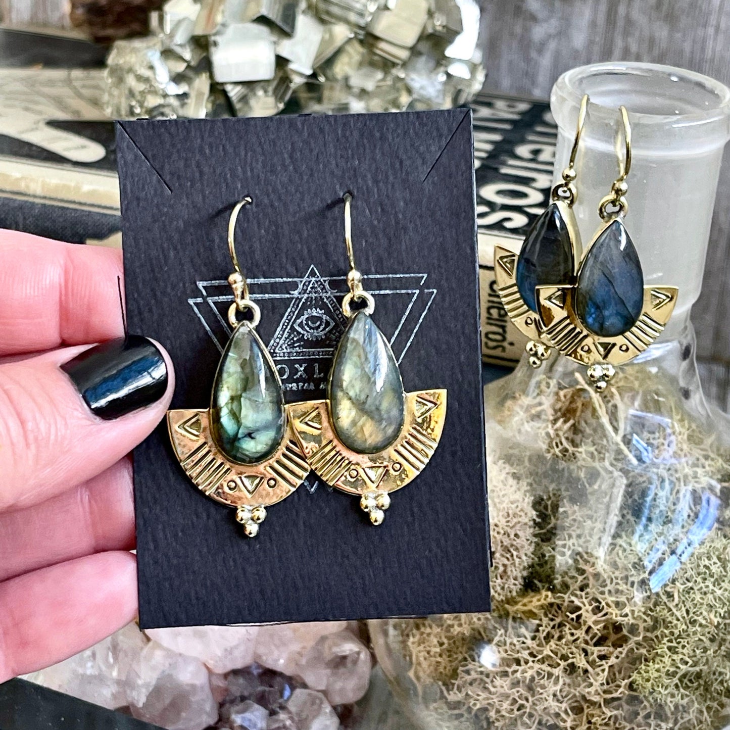 Etched Brass and Labradorite Shield Earrings.