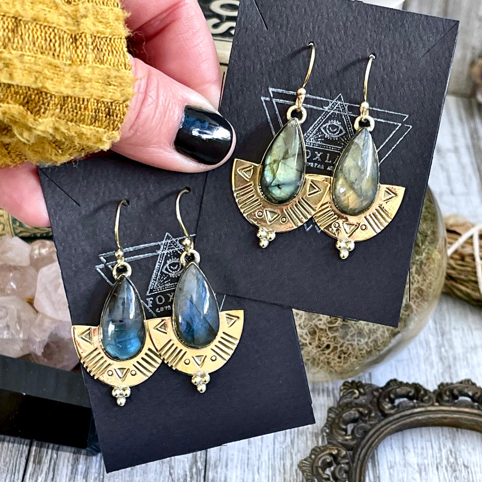 Etched Brass and Labradorite Shield Earrings.