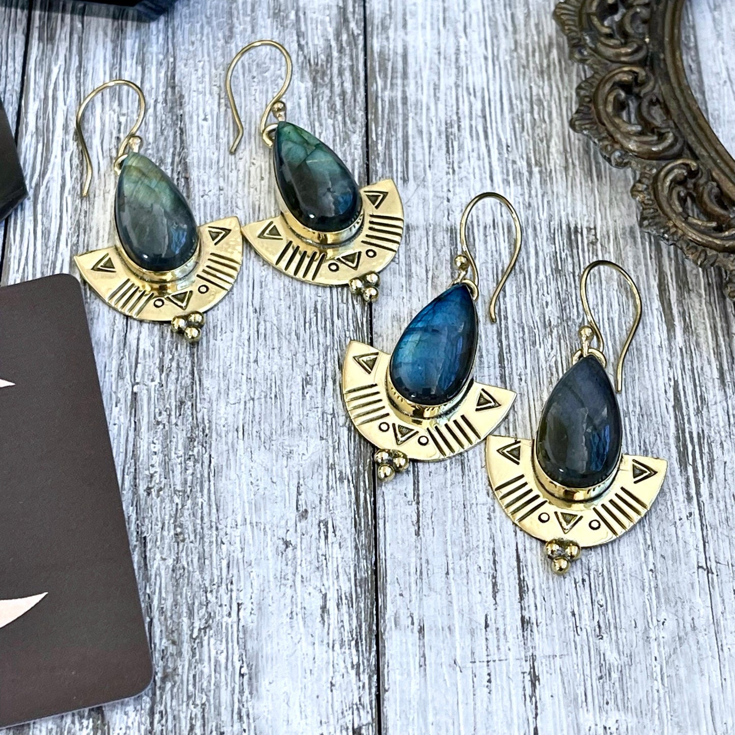 Etched Brass and Labradorite Shield Earrings.