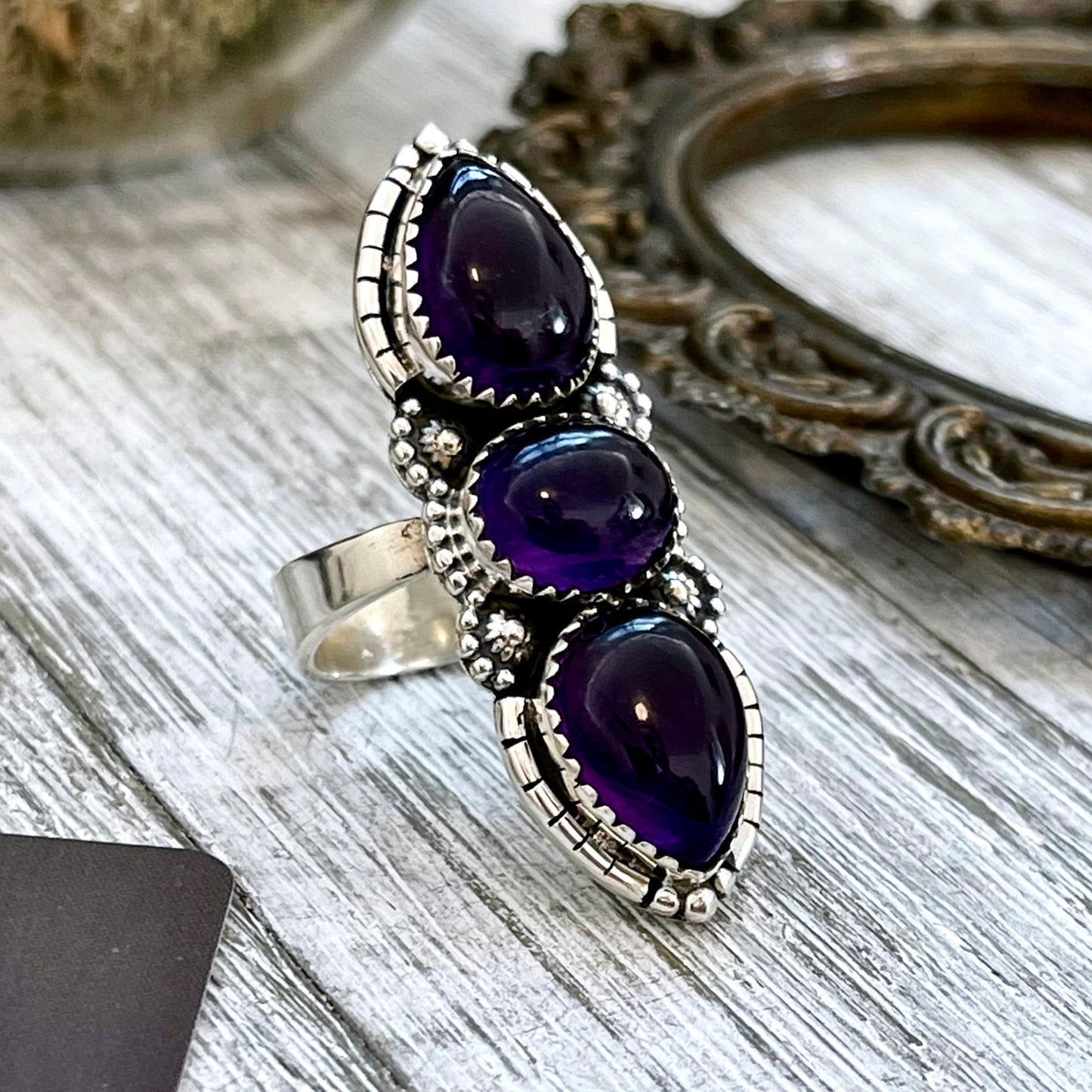 3 Stone Ring, Adjustable Ring, Amethyst Ring, Big Crystal Ring, Big Stone Ring, Bohemian Ring, Boho Jewelry, Boho Ring, Etsy ID: 1333720027, Festival Jewelry, Foxlark- Rings, Gift For Woman, Jewelry, Purple Amethyst, Rings, Statement Rings, Three Stone, W