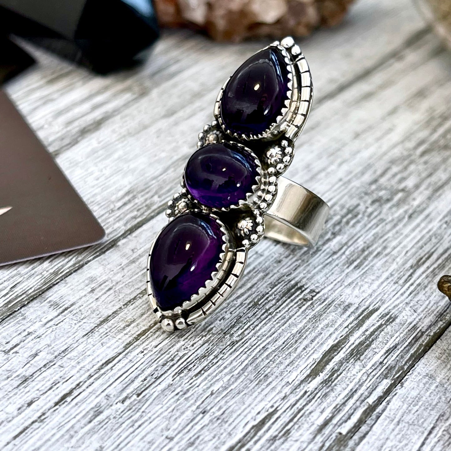 3 Stone Ring, Adjustable Ring, Amethyst Ring, Big Crystal Ring, Big Stone Ring, Bohemian Ring, Boho Jewelry, Boho Ring, Etsy ID: 1333720027, Festival Jewelry, Foxlark- Rings, Gift For Woman, Jewelry, Purple Amethyst, Rings, Statement Rings, Three Stone, W