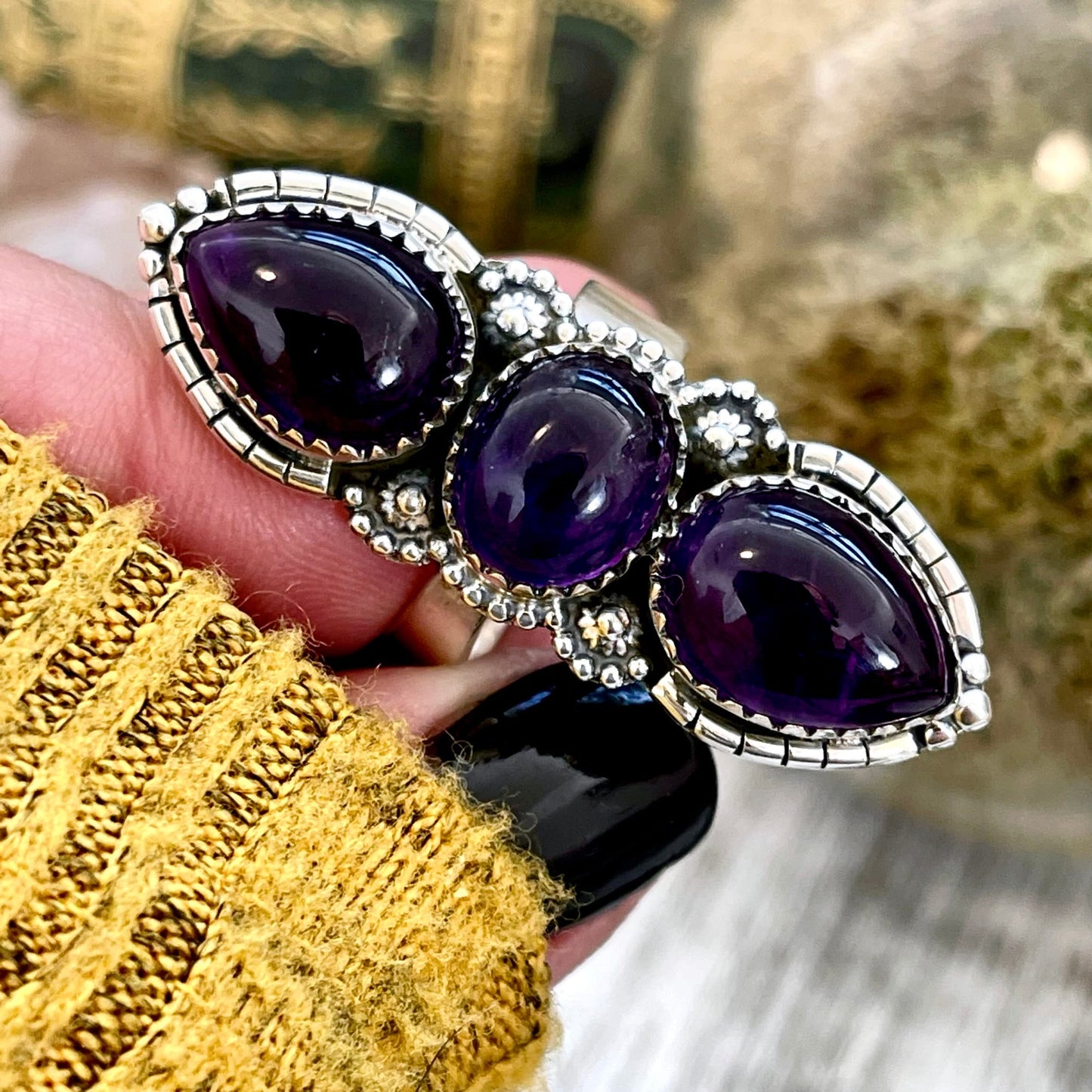 Three Stone Purple Amethyst Crystal Ring in Solid Sterling Silver- Designed by FOXLARK Collection Size Adjustable to -6 7 8 9 10.