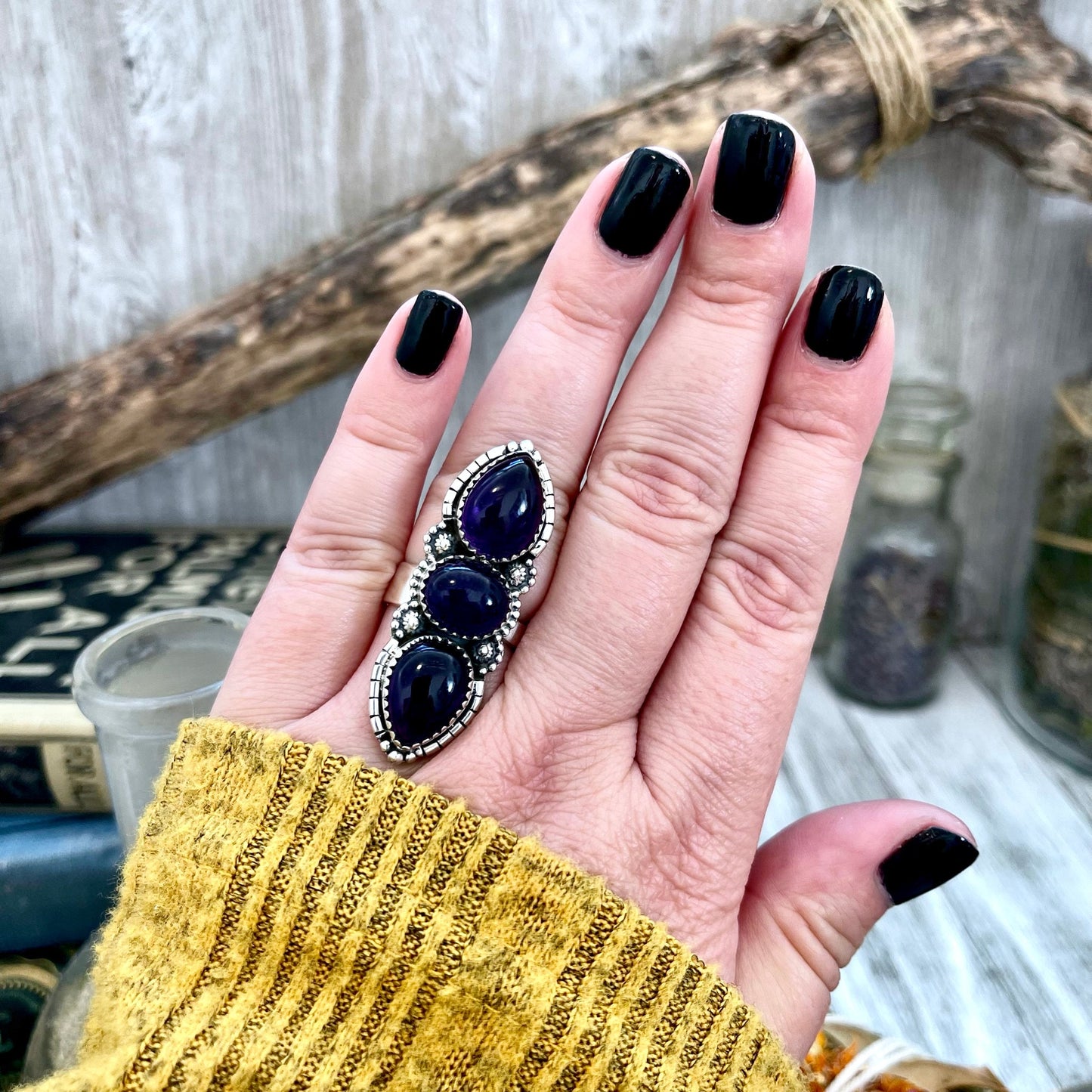 3 Stone Ring, Adjustable Ring, Amethyst Ring, Big Crystal Ring, Big Stone Ring, Bohemian Ring, Boho Jewelry, Boho Ring, Etsy ID: 1333720027, Festival Jewelry, Foxlark- Rings, Gift For Woman, Jewelry, Purple Amethyst, Rings, Statement Rings, Three Stone, W