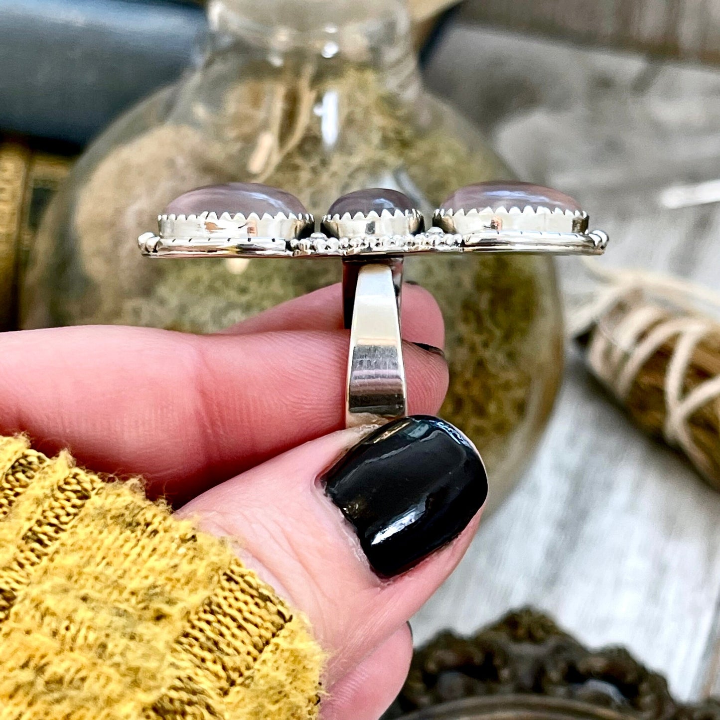 Three Stone Pink Rose Quartz Crystal Ring in Solid Sterling Silver- Designed by FOXLARK Collection Adjustable to Size 6 7 8 9.