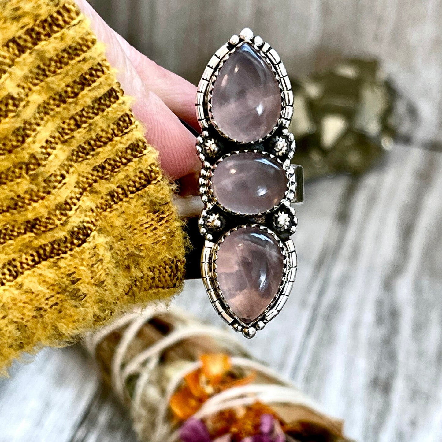 Three Stone Pink Rose Quartz Crystal Ring in Solid Sterling Silver- Designed by FOXLARK Collection Adjustable to Size 6 7 8 9.